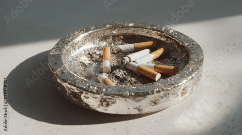 Close-Up View of Used Cigarettes in Elegant Silver Ashtray
