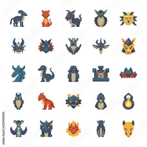 Collection of fantasy creature heads icons.