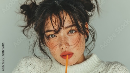Young Woman with Freckles and Playful Hairstyle Sipping a Drink
