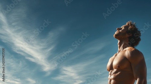 Surreal Portrait of a Muscular Man Against a Calm Blue Sky