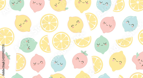 Colorful cartoon citrus fruits smiling faces.