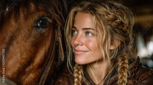 Young Woman Smiling Near Horse in Rustic Barn Environment