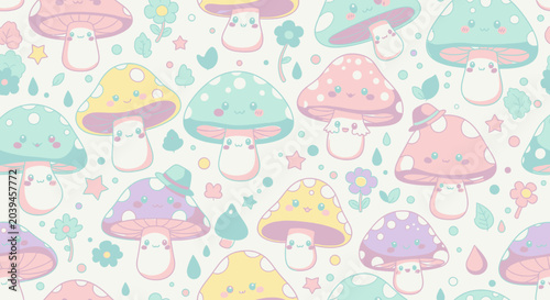Colorful cartoon mushroom illustration pattern.