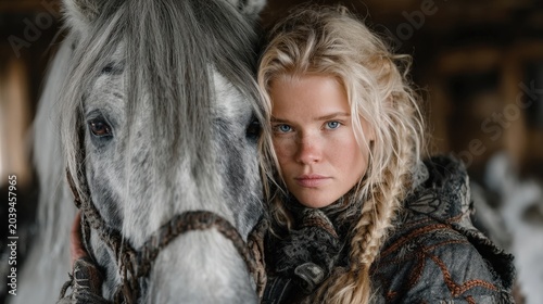 Young Woman Embracing Grey Horse in Rustic Barn Setting