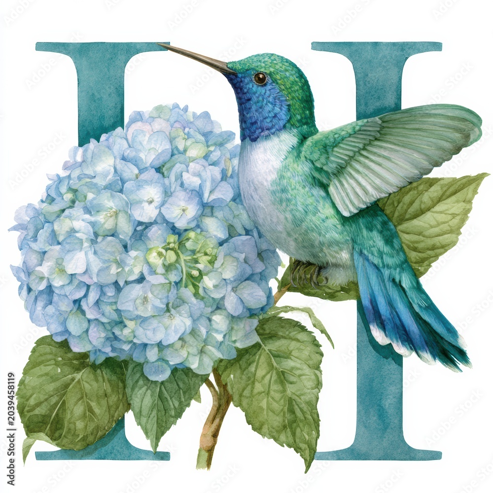 Fototapeta premium A watercolor artwork showcasing the letter H with hydrangeas and a hummingbird among soft blue and green washes on a plain background.