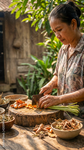 Traditional Herbal Medicine Preparation in Authentic Tropical Outdoor Wellness Setting