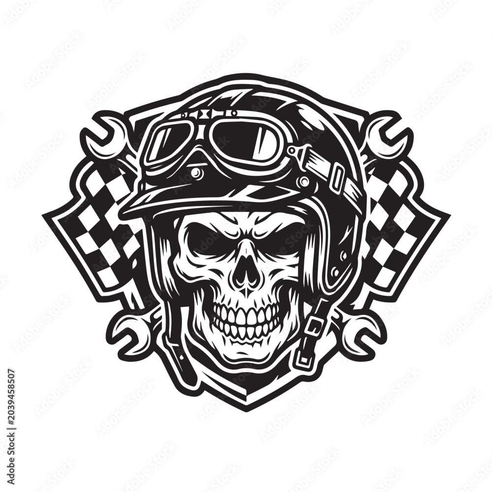 Fototapeta premium Vintage skull wearing motorcycle helmet with goggles and crossed wrenches.