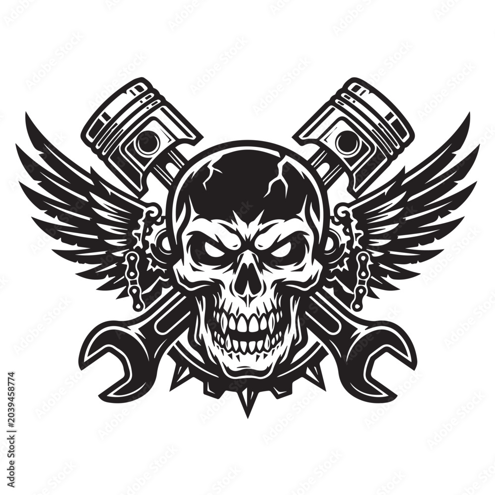 Fototapeta premium Vintage skull with pistons and wrenches for biker emblem.