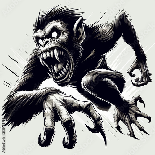 Canvas Print Vector illustration of a very scary and ferocious cartoon monkey
