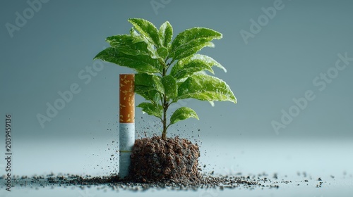 Cigarette and Plant Symbolizing Contrast Between Harm and Growth