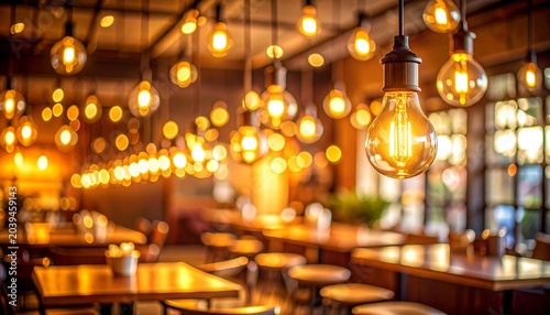 Cozy cafe restaurant interior with vintage Edison bulb pendant lights glowing in warm bokeh atmosphere