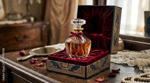 Perfume bottle rests elegantly inside a vintage velvet-lined gift box on a mahogany dressing table.