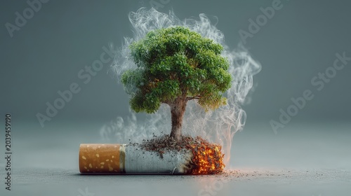 Tree Growing from Cigarette Symbolizing Environmental Impact