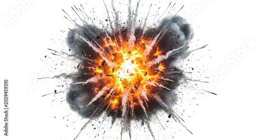 A massive explosion occurs with fire and smoke in the air