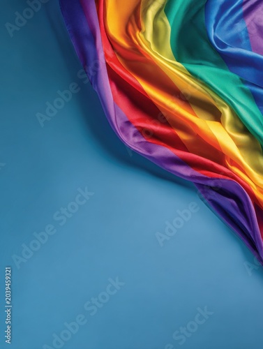 Rainbow flag representing LGBT pride draped over a blue background with ample empty space for text or design.