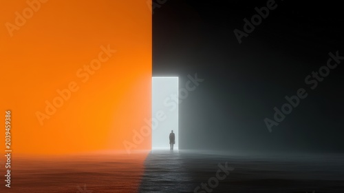 Individual Standing at Open Doorway Between Bright and Dark Spaces