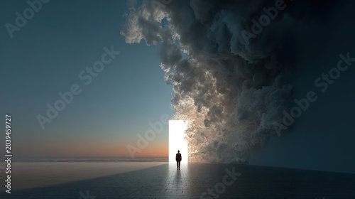 Surreal Scene with Doorway and Person Facing Dramatic Clouds
