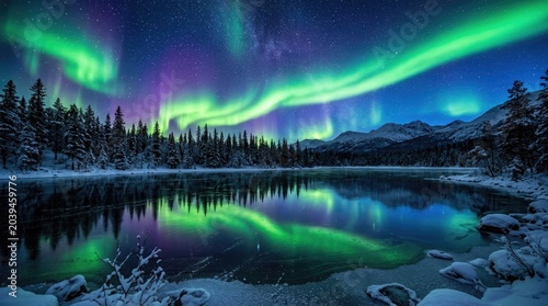 Spectacular Aurora Borealis Shines Over Serene Snowy Lake and Pine Forest
