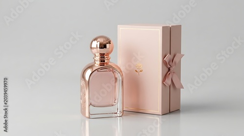 Perfume bottle featuring a metallic cap stands beside a decorative gift box tied with a satin ribbon.