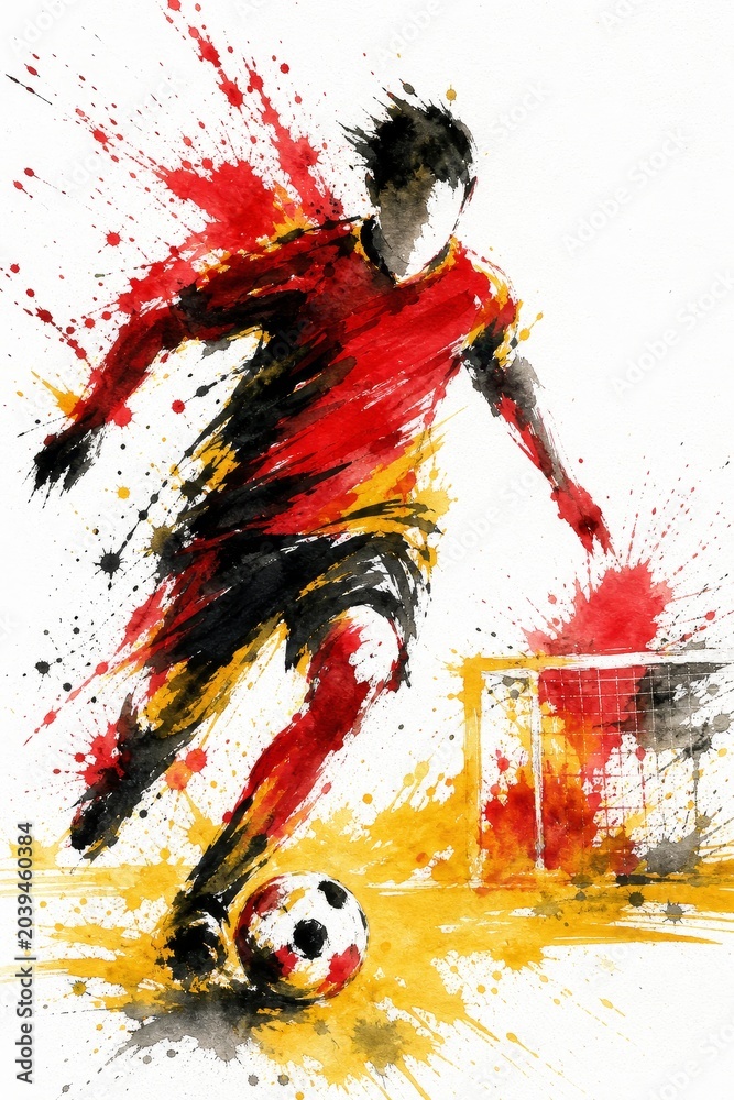 Fototapeta premium Belgium national football team wallpaper, banner, poster, background. Belgium national team colors on dynamic soccer player kicking a ball with watercolor paint splatters