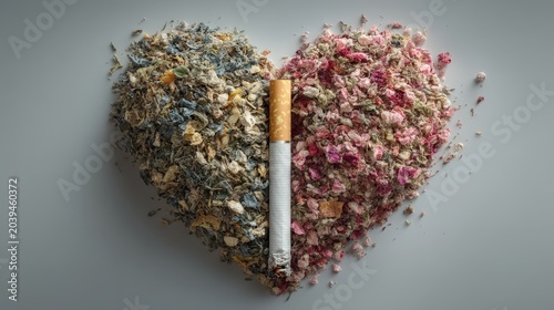 Heart Shaped Composition of Dried Herbs and Cigarette on Gray Background