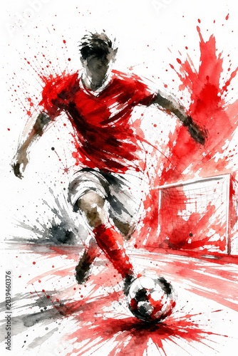 Austria national football team wallpaper, banner, poster, background. Austria national team colors on dynamic soccer player kicking a ball with watercolor paint splatters
