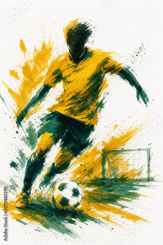 Argentina national football team wallpaper, banner, poster, background. Argentina national team colors on dynamic soccer player kicking a ball with watercolor paint splatters