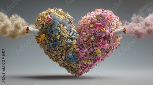 Heart Shape Made of Flowers with Smoky Cigarettes on Each End