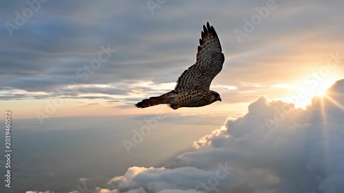 Majestic Falcon Soaring through golden sunset sky above clouds ideal for wildlife documentaries and inspirational cinematic storytelling.