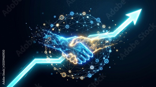 A glowing handshake symbolizing partnership and growth with an upward arrow