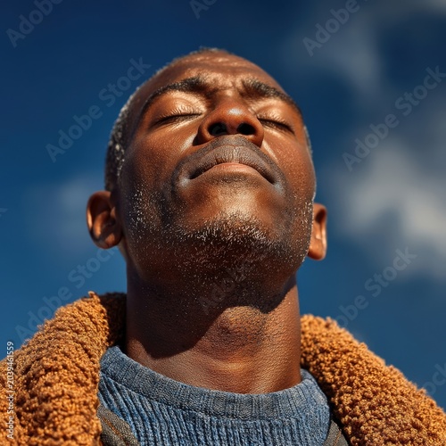 Young Man Enjoying Sunlight with Serene Expression Against Blue Sky