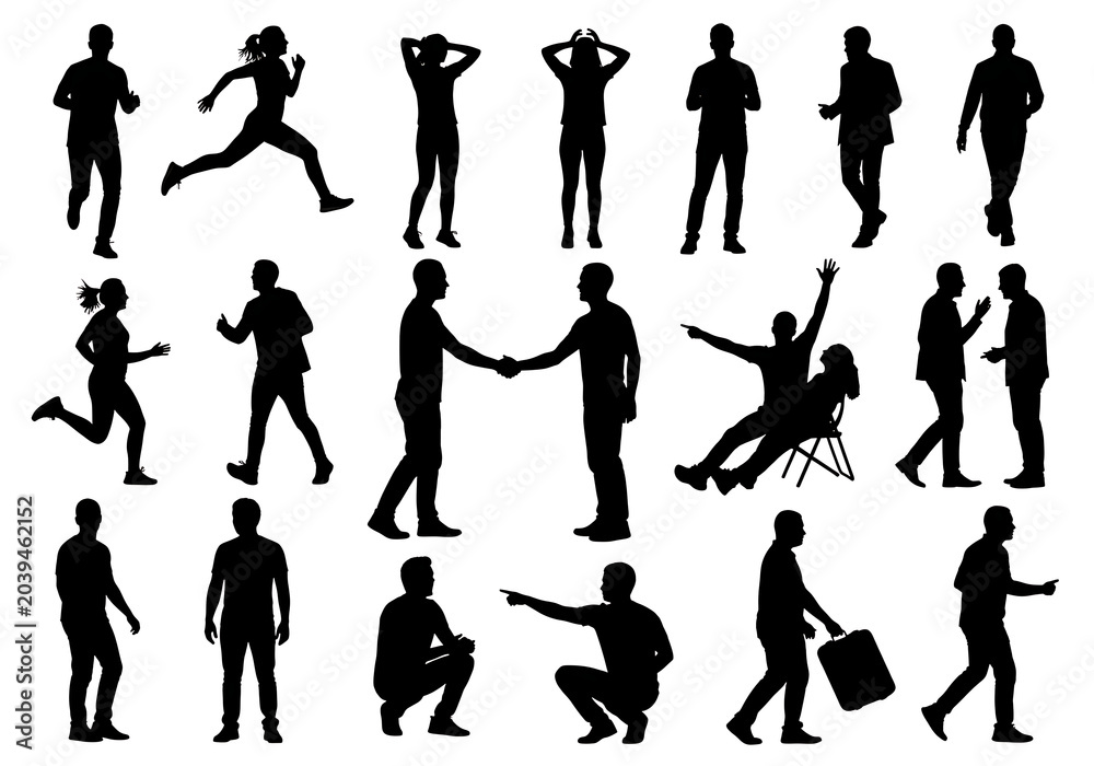 Fototapeta premium Black Silhouettes of People in Various Poses on White Background