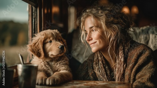 Woman and Puppy Enjoy Cozy Moment in Rustic Train Interior