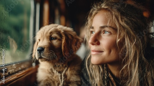 Woman and Puppy Sharing a Reflective Moment by a Train Window