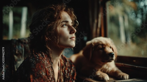 Woman and Puppy in a Cozy Cabin Awash in Natural Light
