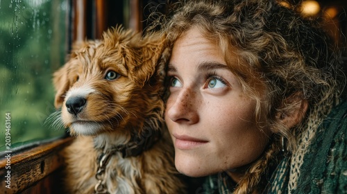 Young Woman and Puppy Gazing Through Rainy Window in Cozy Setting