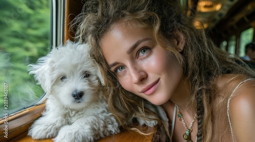 Girl and Puppy Enjoying a Scenic Train Journey Together in Nature