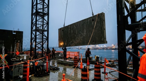 Construction Workers Moving Concrete Slab With Crane On Rainy Day Over the Seaport