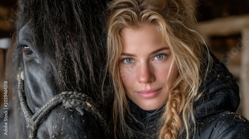 Close-Up Portrait of a Woman with a Horse in a Barn Setting