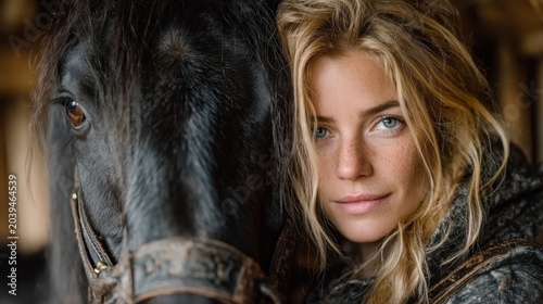 Close-Up of Woman with Long Blonde Hair and Black Horse