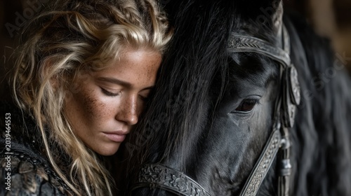 Serene Connection Between Woman and Horse in Rustic Setting