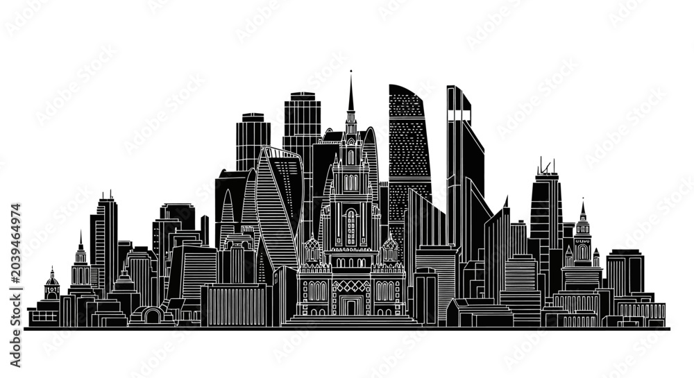 Fototapeta premium Moscow City skyline silhouette with modern skyscrapers, urban design