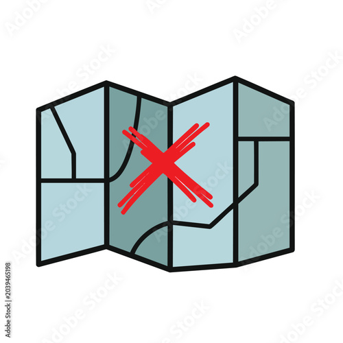 Folded map icon with a large red cross mark indicating restricted area.