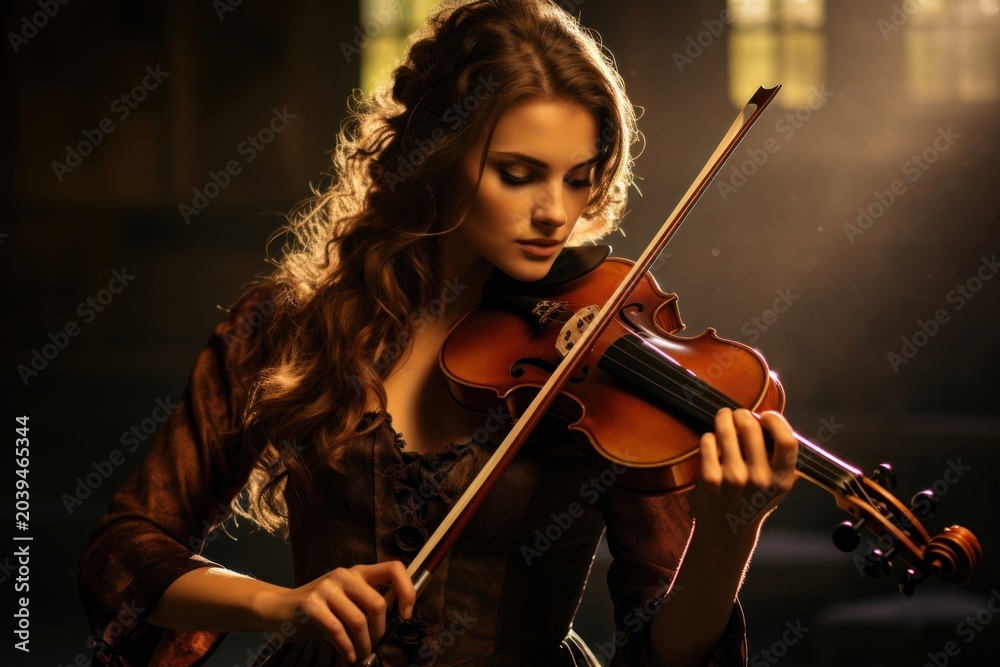 Fototapeta premium Female student playing violin musician concentration entertainment.