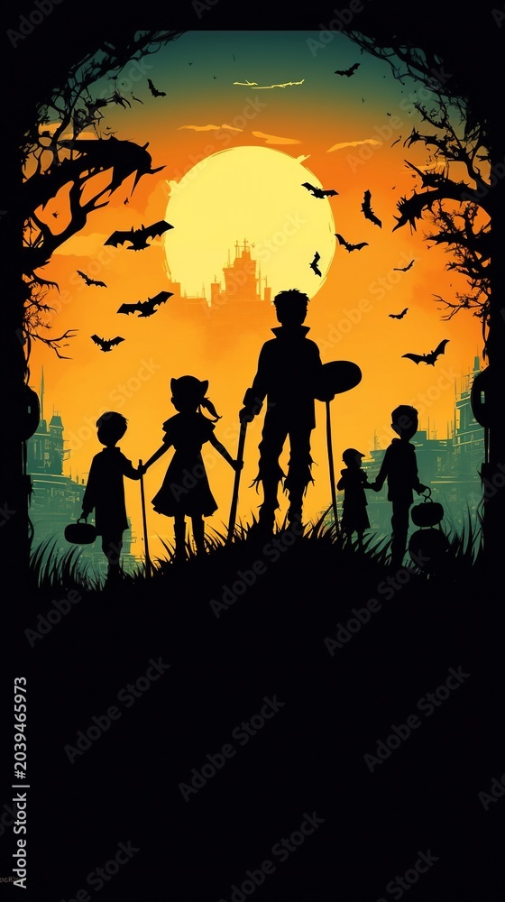 Fototapeta premium A stylized take on Halloween’s origins through bold silhouette storytelling.