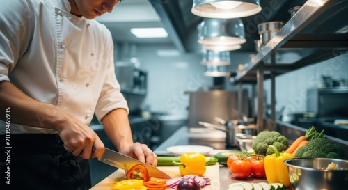 Chef meticulously chopping fresh vegetables in a busy professional kitchen environment