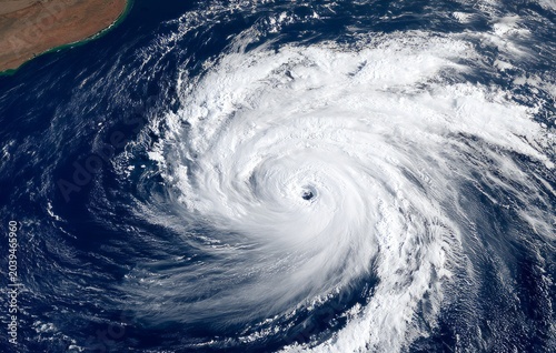 Super typhoon with perfect storm vortex over earth ocean close up satellite shot