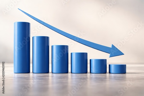 Declining blue bar chart with a downward trend arrow