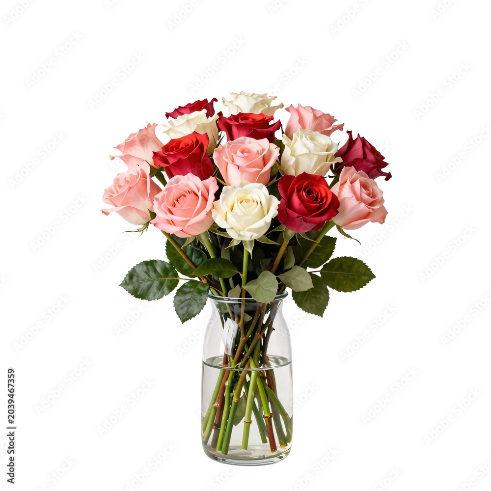 Fototapeta premium Roses of varied colors are displayed in a transparent glass vase on a white background