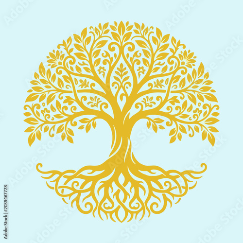 A golden tree illustration with intricate roots on light blue